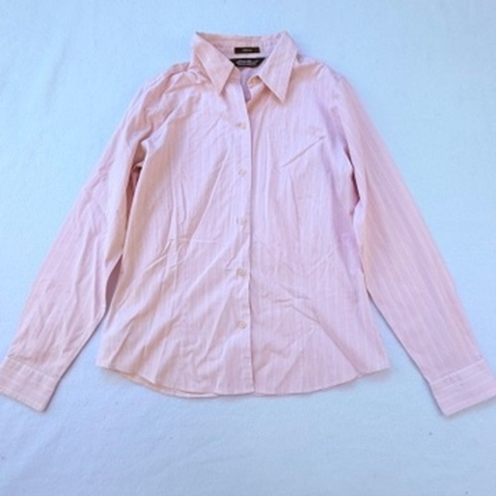 Eddie Bauer Button Down Shirt‎ Womens Medium Pink White Pinstripe Coastal Crisp